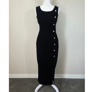 Switch USA Vintage 90's Black Velvet Pearl Gold Button Fitted Maxi Dress JR 3